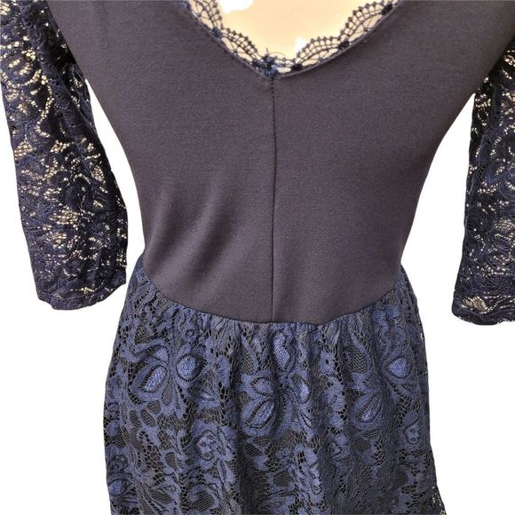 Navy Blue Dress with Elastic Waist 3/4 Sleeves and Lace Overlay - Picture 5 of 16